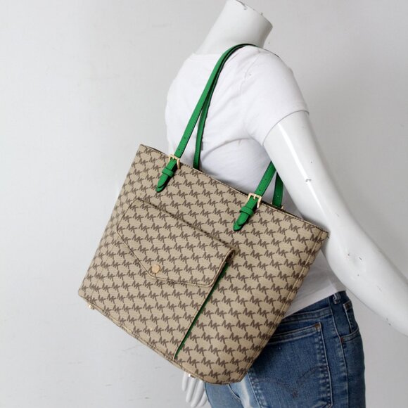 Michael Kors Monogram Canvas Tote Bag with Green Leather Handles - Picture 2 of 16